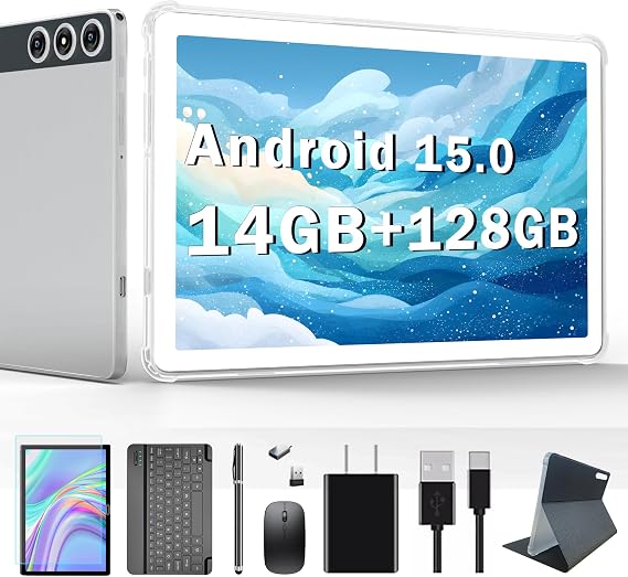 2026 Latest Android 15 Tablet, 10 inch Tablets with 128GB Storage 14GB RAM 1TB Expandable, Dual 4G Cellular Tablets with keyboard Support 5Ghz WiFi/Bluetooth 5.0, Octa-Core Processor, FHD IPS Screen