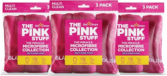 Stardrops The Pink Stuff Miracle Microfibre Cloth Collection All-Purpose, Glass, and Polish Cleaning Cloths for a Streak-Free Shine (9-Pack)