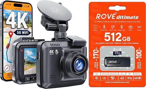 ROVE R2-4K PRO Dash Cam with 512GB Card, 4K UHD 2160P for Cars