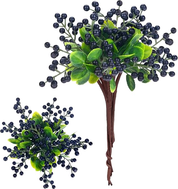 Felice Arts 6 Pack Artificial Black Berry Stems Fake Holly Berries | Halloween Picks for Xmas Tree Ornaments DIY Wreath Vase Holiday Home Decor