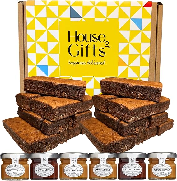 Chocolate Brownie Gift Box by Post | 12 Hand Baked Brownies with Unique Preserves Spreads Including 2 Salted Caramels, 2 Chocolates &amp; 2 Banoffees