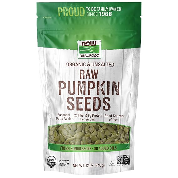 NOW Foods, Organic Pumpkin Seeds, Raw and Unsalted, Excellent Source of Protein and Iron, Certified Non-GMO, Keto-Friendly Snack, 12-Ounce (Packaging May Vary)