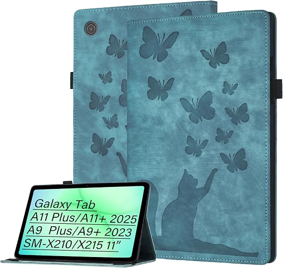 Tab Case for Samsung Galaxy Tab A11 Plus/A11+ 2025 A9 Plus/A9+ 2023 PU Leather Cat&Butterfly Flip Tablet Cover, Stand, Scratch-Resistant, Card Slot, Pen Holder, Green