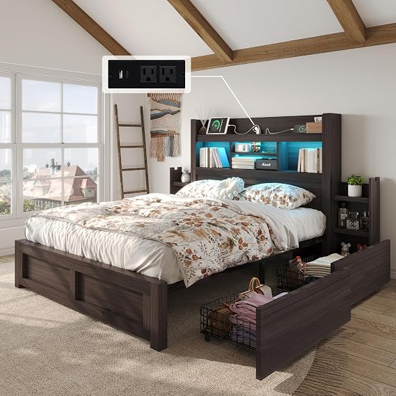 LUXOAK Full Size Bed Frame with Bookcase Headboard & Storage, Rustic, Black