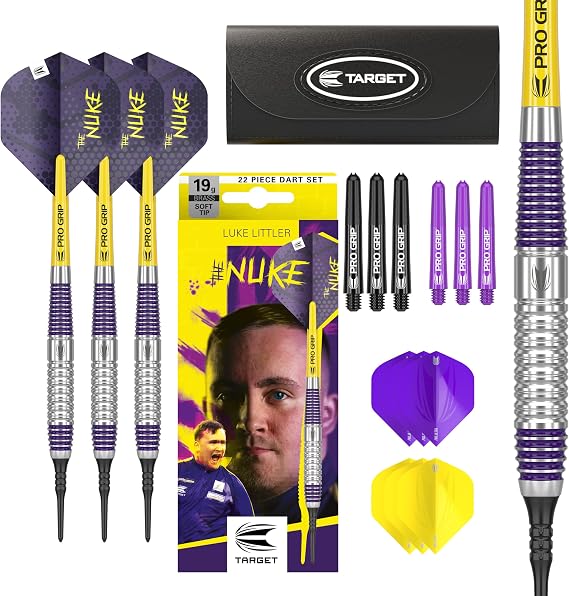 Target Darts Luke Littler Brass Soft Tip Darts Set 19 g Pixel Tip - The Nuke Player Edition Including Dart Flights Shafts & Dart Case Darts with Plastic Tip for Electronic Dartboard
