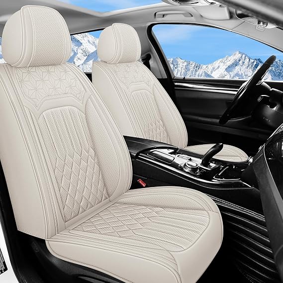 5 Seats Leather Car Seat Covers for Volvo V90 2017-2025,Luxury Waterproof Breathable Nappa Leather Car Seat Cover Protector,Airbag Compatible Seat Cover Cushions(Beige,Full Set)