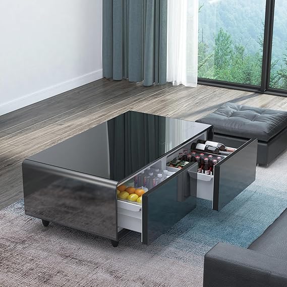 51in Smart Coffee Table with Built in Fridge, Living Room Table Bluetooth Sound and Wireless Charging, Type-C & USB Interface, Temperature Control, Modern Center Table with LED (Black)