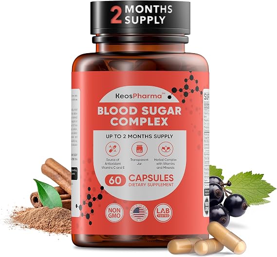 Blood Sugar Complex, 60 Capsules, Up to 2 Months Supply with Cinnamon, Zinc, Cayenne Pepper Fruit, Chromium, Vitamin C,E, Biotin, Magnesium and Other