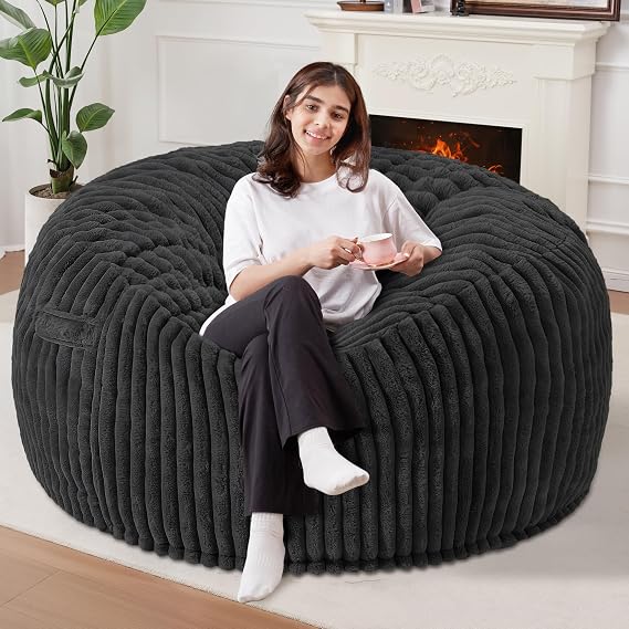 Homguava 5 FT Bean Bag Chair,5' Big Bean Bag,Giant Bean Bag Chairs for Adults with Memory Foam Filled,Comfy Large Beanbag Chairs Soft Bean Bag Sofa with Dutch Corded Plush Cover-Black