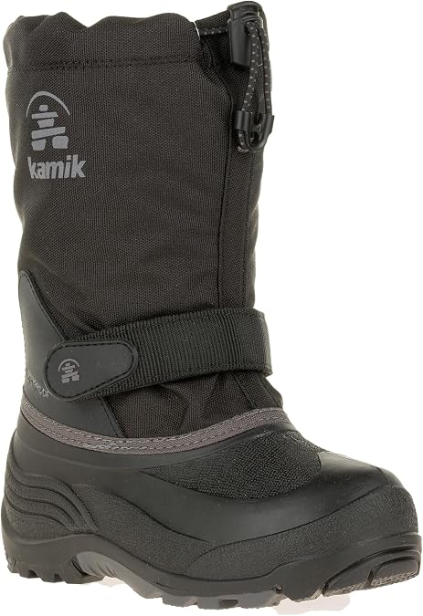 Kamik Waterbug 5 Kids Boots, Black/Charcoal - 1 Little Kid | Warm + Waterproof Kids Boots, Seam-Sealed Nylon Upper,40F Comfort, Removable Liner, Reflective Details