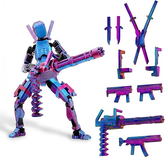 Copbopwn Titan 13 Action Figure 3D Printed Multi-Jointed Dummy 13 Poseable Robot Model with Gatling Gun Lucky 13 Action Figure Robot Assembled Desktop Decoration Office Home Gift for Adults (Purple)