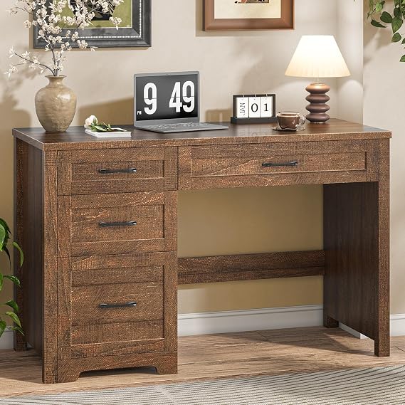 Halitaa Executive Desk with 3 Storage Drawers, Red Brown