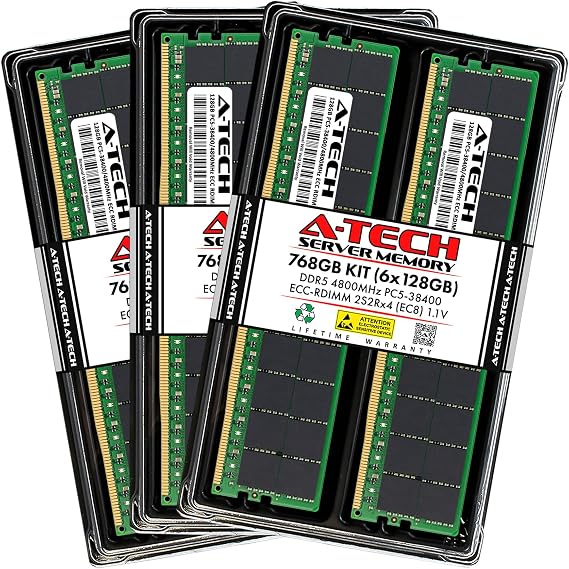 A-Tech 768GB Kit (6x128GB) RAM for ThinkMate GPX-QH12-24E4-8GPU, GPX-QH14-28E4-8HGX, GPX-XH12-24S4-10GPU, RAX-XT24-22S4 | DDR5 4800MHz PC5-38400 EC8 RDIMM 2S2Rx4 ECC Registered Server Memory Upgrade