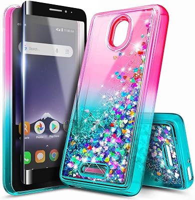 NZND Case for Wiko Ride 2 U520AS with Tempered Glass Screen Protector Full Coverage, Glitter Liquid Floating Waterfall Girls Cute Phone Case Cover PinkAqua