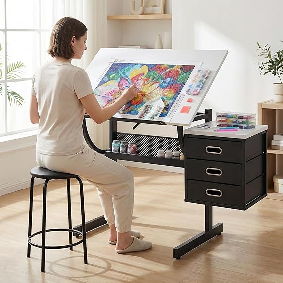White Adjustable Drafting Table with Stool & 3 Drawers, Tilting Art Desk for Drawing & Crafting, Multi-Functional Study & Office Desk
