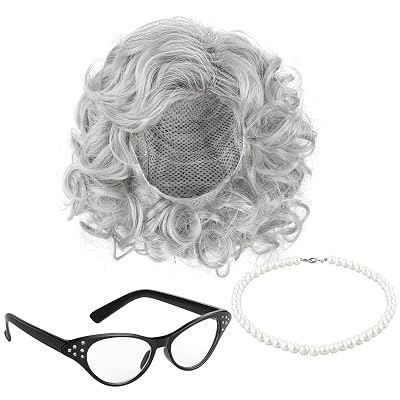 Cooraby 3 Piece Halloween Grey Wig Grandma Wig Glasses Artificial Pearl Necklace Fancy Granny Costume Set
