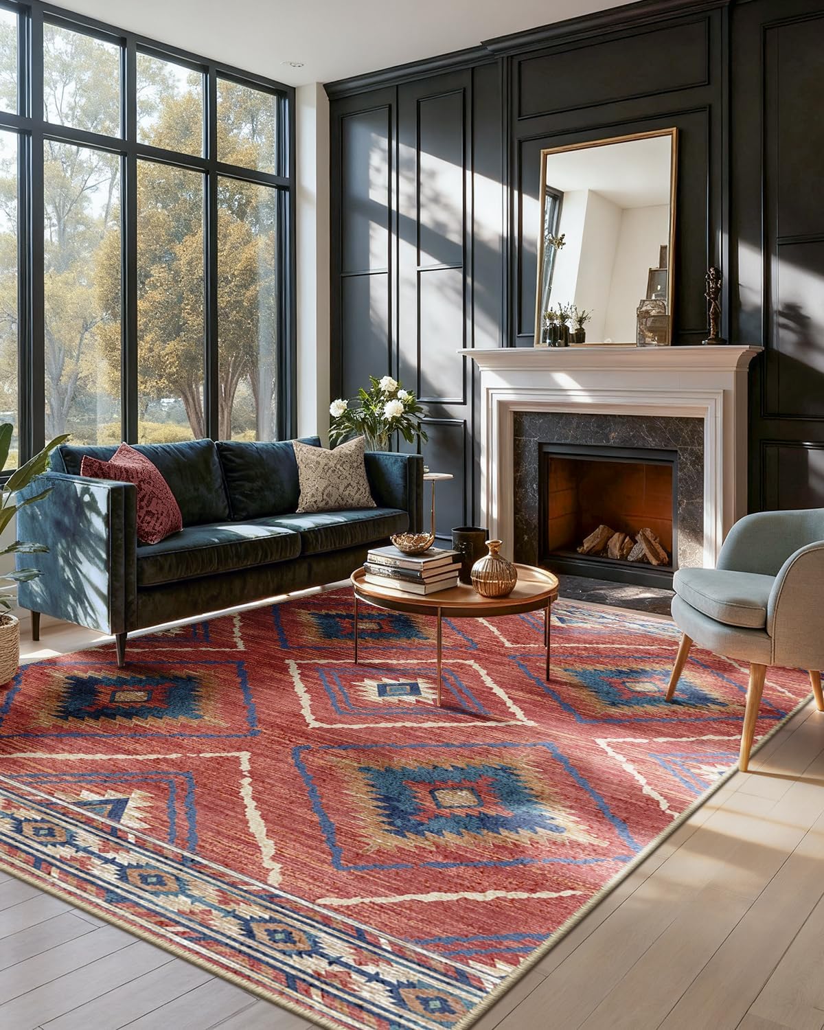 Machine Washable Area Rug, Unisex, Red, 120 x 180 cm, Moroccan Style, Living Room, Kitchen, Bedroom, Hallway, Dining Room