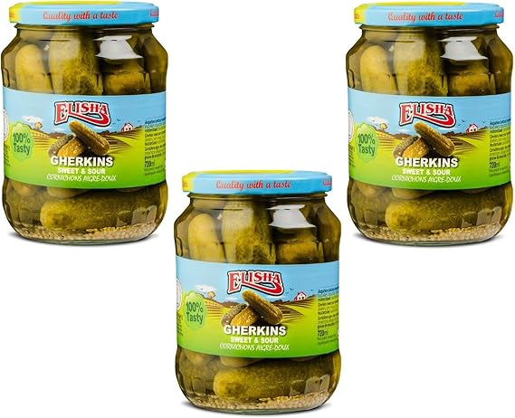 Elisha From Belgium Gormet Sweet & Sour Gherkin Pickles - 720ml per Jar (3 Pack)