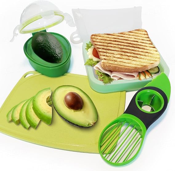 SABLUE Avocado 4-Piece Set: Multi-Function Slicer Tool, Saver, Wheat Straw Cutting Board & Sandwich Container, Dishwasher Safe, BPA-Free Storage for Slicing, Pitting, Fresh Keeping Meal Prep S0059