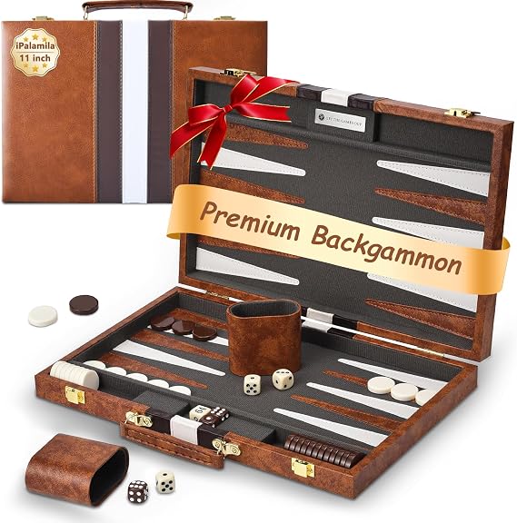 Backgammon Set, Backgammon Set with Premium Leather Case,11 inch backgammon board game with Acrylic Playing Pieces & Wooden Dice Cups,Portable and backgammon travel sets for Adults and Kids