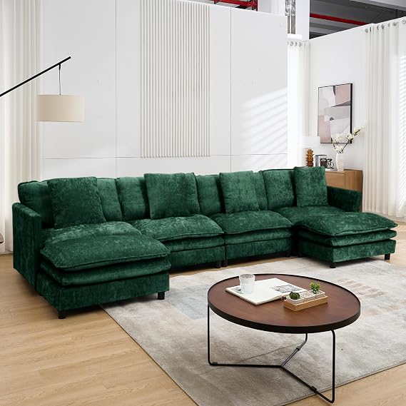 Sectional Sofa Modular Deep Seat Sofa Couch with Ottoman, 143'' Chenille Sofa Sleeper Comfy Upholstered Furniture for Living Room, Apartment, Studio, Office (Green, 143.31"- U Shape)