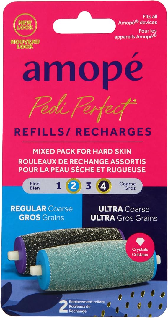 Amope Pedi Perfect Electric Callus Remover Foot File Roller Head Refills, with Diamond Crystals, Removes Hard & Dead Skin, Mixed Pack for Hard Skin, 1 Regular Coarse & 1 Ultra Coarse Refill 2 Count