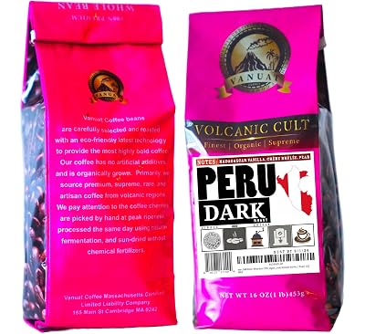 DARK ROAST, Whole Bean Coffee, Organic Fresh Artisan Premium Beans, Volcanic Cult Vanuat LLC COLLECTION from Indonesia, East Java, El Salvador, Guatemala, Honduras, and Peru 1 Pound, 16OZ, PERU