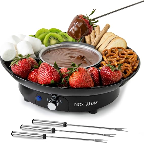 Nostalgia Electric Fondue Party Set 10 oz Melting Pot, 4 Roasting Forks, Detachable Serving Tray Melted Cheese, Chocolate, or Dessert Perfect for Gifts, Parties, Date Night Black