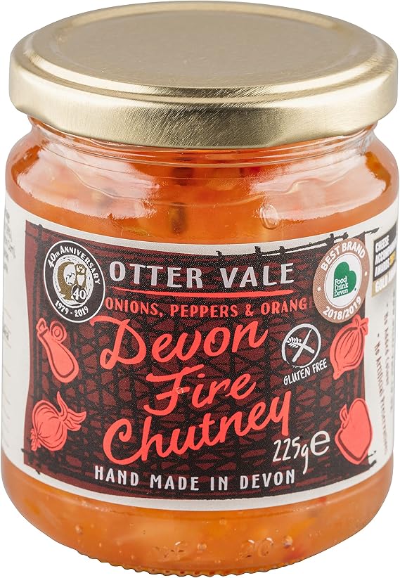 Otter Vale Devon Fire Chutney, Scotch Bonnet chilli heat with a hint of tangy fruit, hand-made in Devon, gluten-free, 225 g glass jar