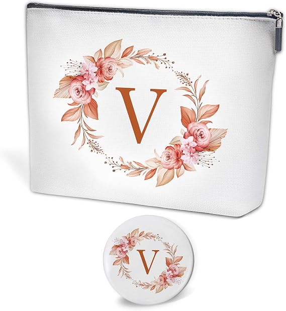 Initial Letter Canvas Cosmetic Bag,Travel Makeup Bag with Zipper and Makeup Mirror,Personalized Makeup Bag,Floral Makeup Pouch,Bridal Shower Gift Bags,Bridesmaid Gifts,Birthday Gifts-V,