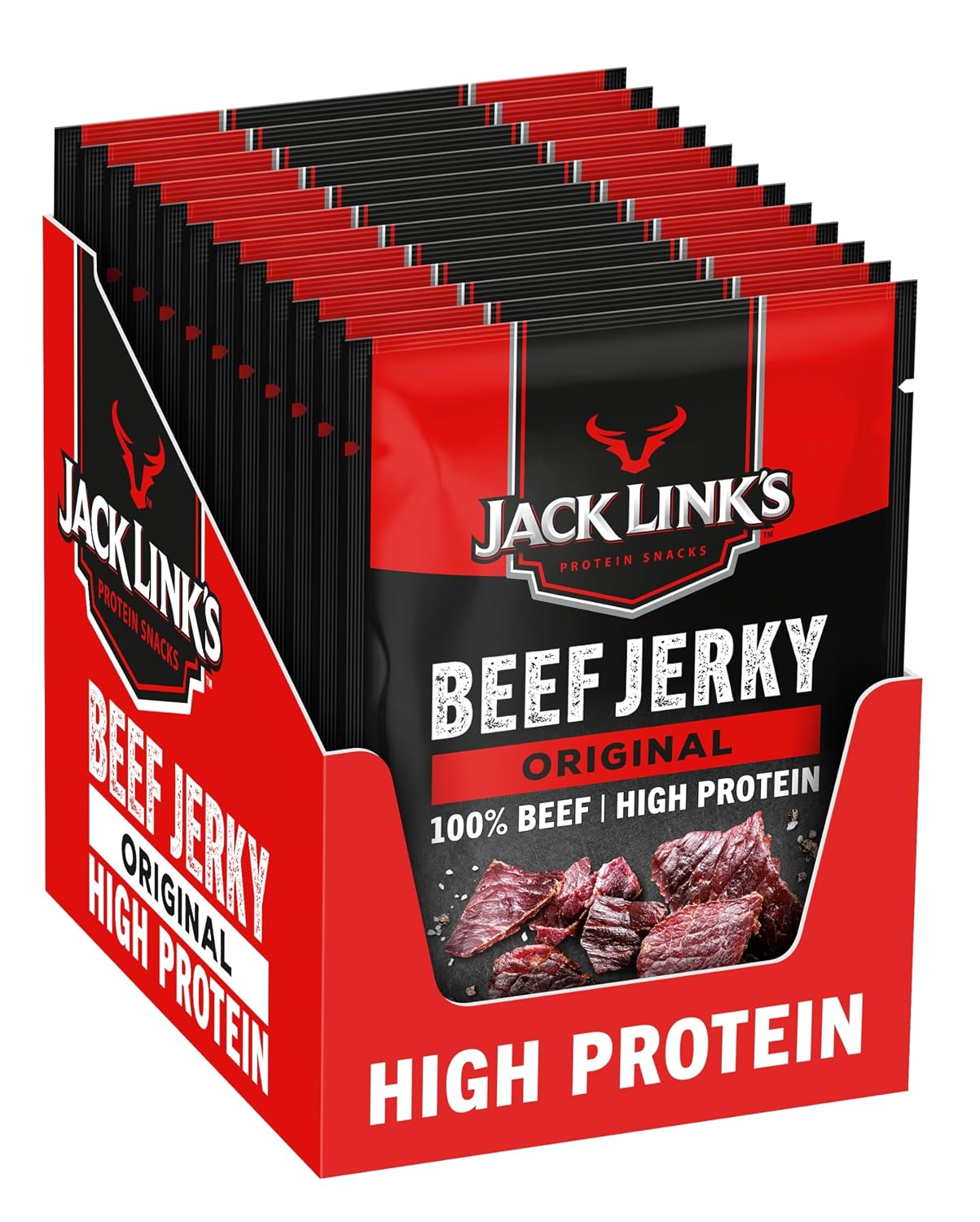 Jack Links Beef Jerky Original - 12er Pack 12 x 60g - High quality meat snack - Slightly smoky aroma - High protein snack - Perfect for on the go in the office or during sports
