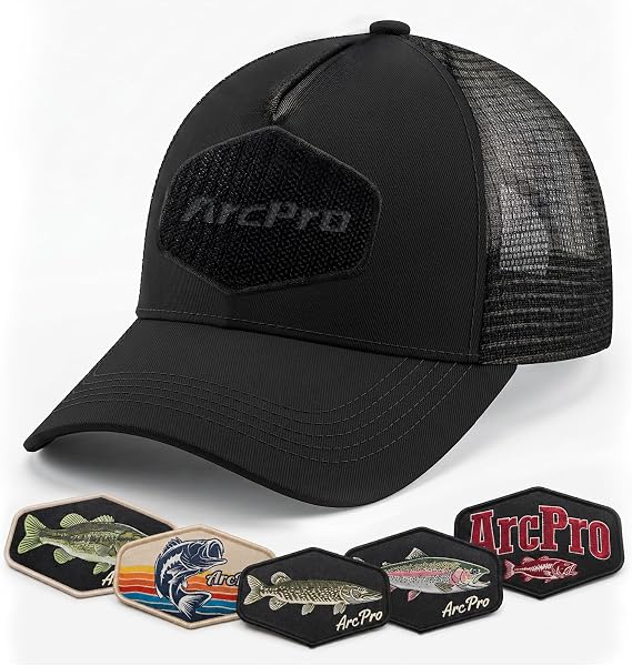 Fishing Baseball Cap for Men Mesh Back Trucker Hat with 5Pcs Interchangeable Hook-and-Loop Patches, Extended Adjustable Head Circumference Fishing Cap for Outdoor Fishing Dad