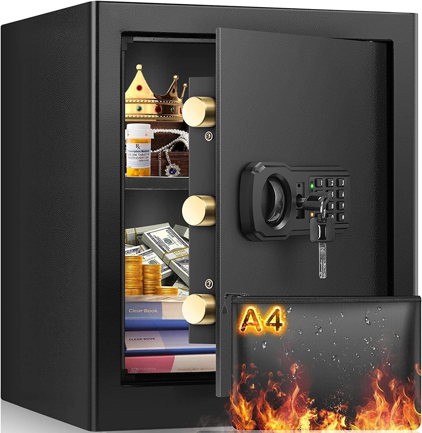 48L Fireproof Home Safe Box with Fireproof A4 Document Bag, Digital Money Safe with Removable Shelf & Mute Function, Large Security Safes for Money Watche Medicine Important Papers