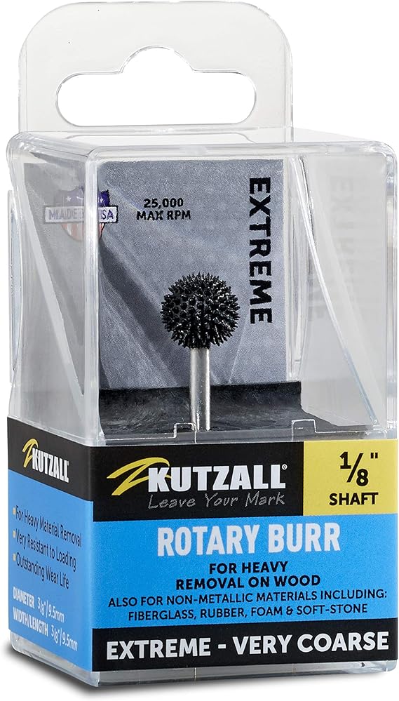 Kutzall Extreme Sphere Rotary Burr, 18" Shaft, Very Coarse - Wood Carving Bit for Dremel, Foredom, DeWalt, Milwaukee Tools. Abrasive Tungsten Carbide, 38" (9.5mm) Head Diameter, SX-38-EC