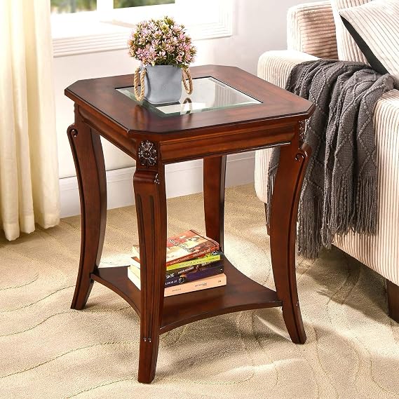 High-End Square Side Table with Tempered Glass Top Farmhouse Side Table with Shelf Living Room Corner Table with Carved Wooden Legs 60.5 cm H Cherry Brown CJZ-A1168-GT
