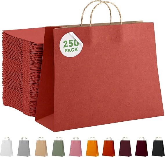 Kraft Paper Shopping Bags with Handles, Red Kraft Gift Sacks Bulk 16 x 6 x 12 Inch, 150 GSM Recyclable Paper Grocery Bags, Rope Handle Shopping Bag, Pack of 250