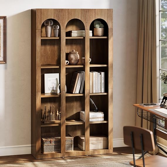 Tribesigns 70.87" Bookshelf, 5-Tier Arched Display Bookcase with Open Storage Shelves, Vintage Tall Bookshelves Organizer for Living Room, Bedroom, Home Office, Entryway (Walnut Brown)