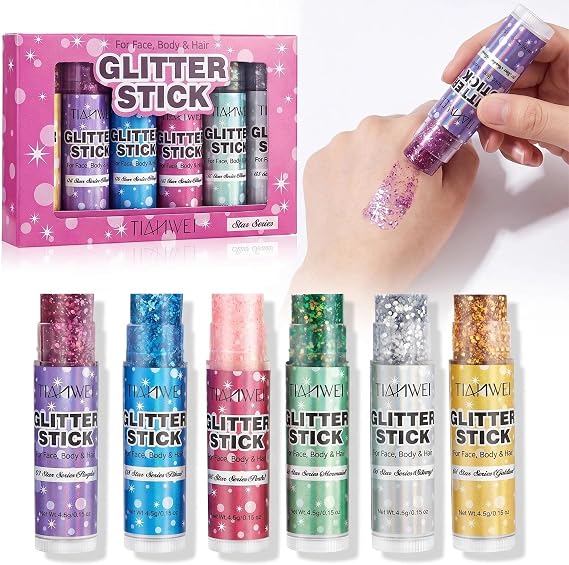 Glitter Stick Set, 6 Colors, 0.15 oz Each, for Face, Body and Hair