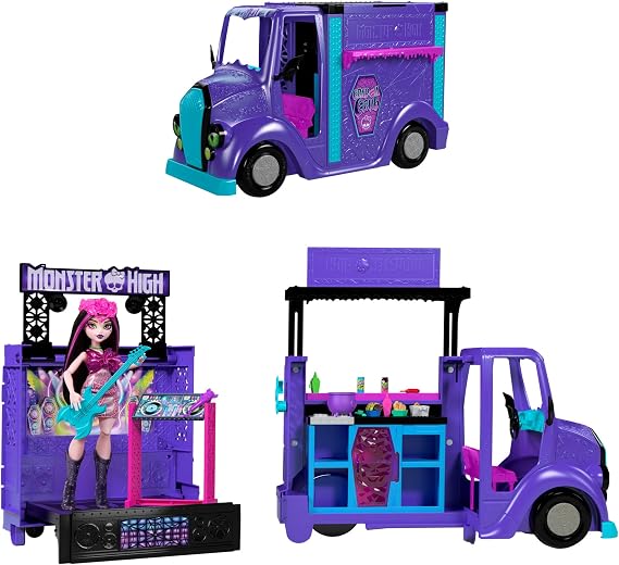 Monster High Draculaura Doll and Playset Fangtastic Food Truck with Fold-Out Stage and Over 13 Matching Kitchen and Music Accessories HXH83