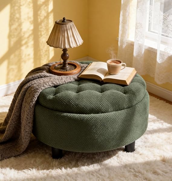 Small Raound Storage Ottoman Tufted Foot Rest Stool, 25", Linen, Tray Top