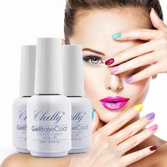CHELLY Cosmetics Gel Base Coat for Nails, 15ml No Wipe Soak Off Formula, Easy Application, Long-Lasting Shine, DIY Home & Nail Salon Gel Polish Base (Clear, 3-Pack)