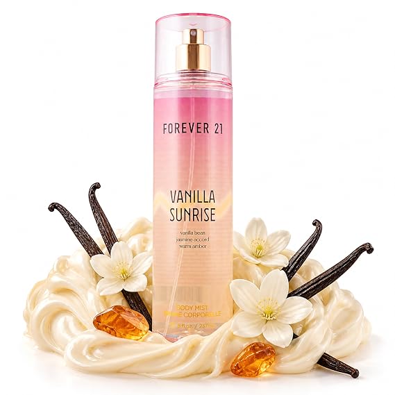 Forever 21 Vanilla Sunrise Body Mist, 8 fl oz | Lightweight & Warm Everyday Scent | Sweet Body Mist with Vanilla Bean Top Notes, Jasmine Accord and Warm Amber