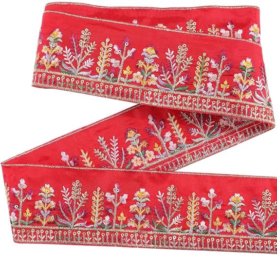 2.5 Inch Red Embroidered Ribbon Trim Tape Boho Flower Polyester Woven Ethnic Jacquard Fabric Ribbons Embroidery Floral Applique for Sewing Making Crafts Wedding Gift Wrapping Decor Supply