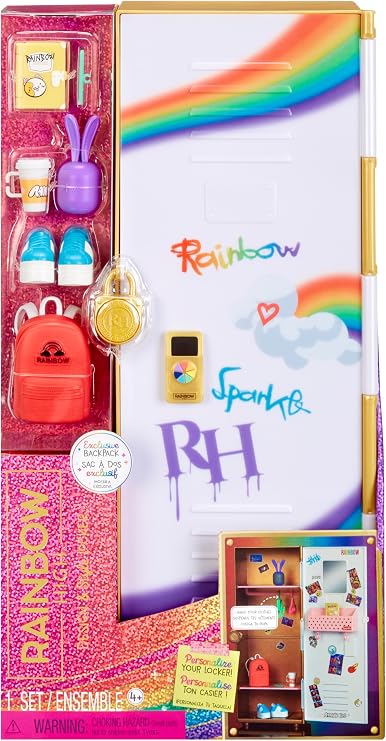 Rainbow High Design & Style - Spind-Spielset mit Regalen Kleiderbügeln Zubehör und Stickern für Kinder von 4-12 Jahren Regenbogen