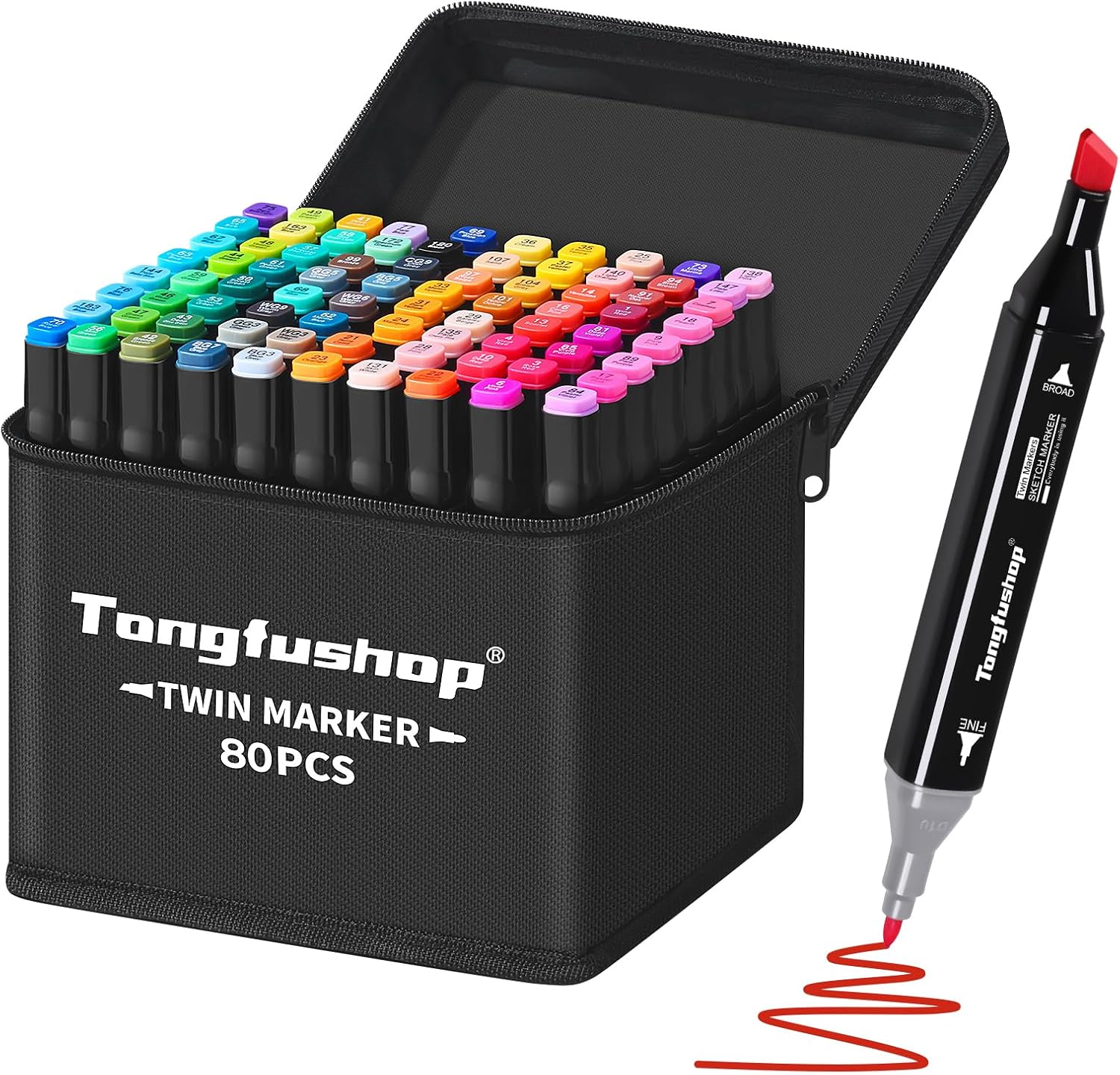 Tongfushop 80 Colored Marker Set, Dual Tip Alcohol Markers, Colouring Pens for Adults, Permanent Art Felt Tip Pens for Drawing, Sketching, Anime, Manga, Fun doodling with Carrying Case & Storage Base
