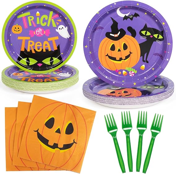 DECORLIFE 96 Pcs Halloween Plates and Napkins Party Supplies Serve 24, Tableware Set Includes Pumpkin Ghost Paper Plates, Halloween Birthday Party Decorations for Kids