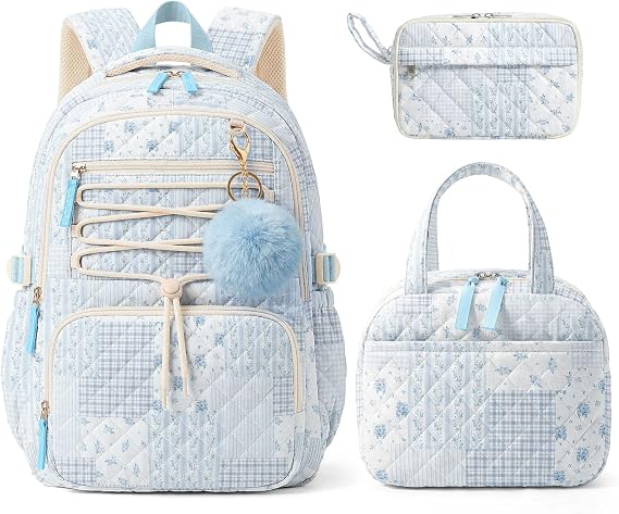 Shirabags 3 Pcs Quilted School Set for Girls, Floral Backpack with Insulated Lunch Bag & Large Pencil Case, Cute Aesthetic Bookbag, Back to School Essentials for Kids, Teens (Blue Green Patchwork, M)