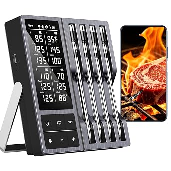 Wireless Meat Thermometer Digital with 4 Probes - 800FT Bluetooth Food Cooking Thermometer, Dual Sensors with NIST Certified Accuracy, Standalone Base for Kitchen Grill BBQ Oven Smoker