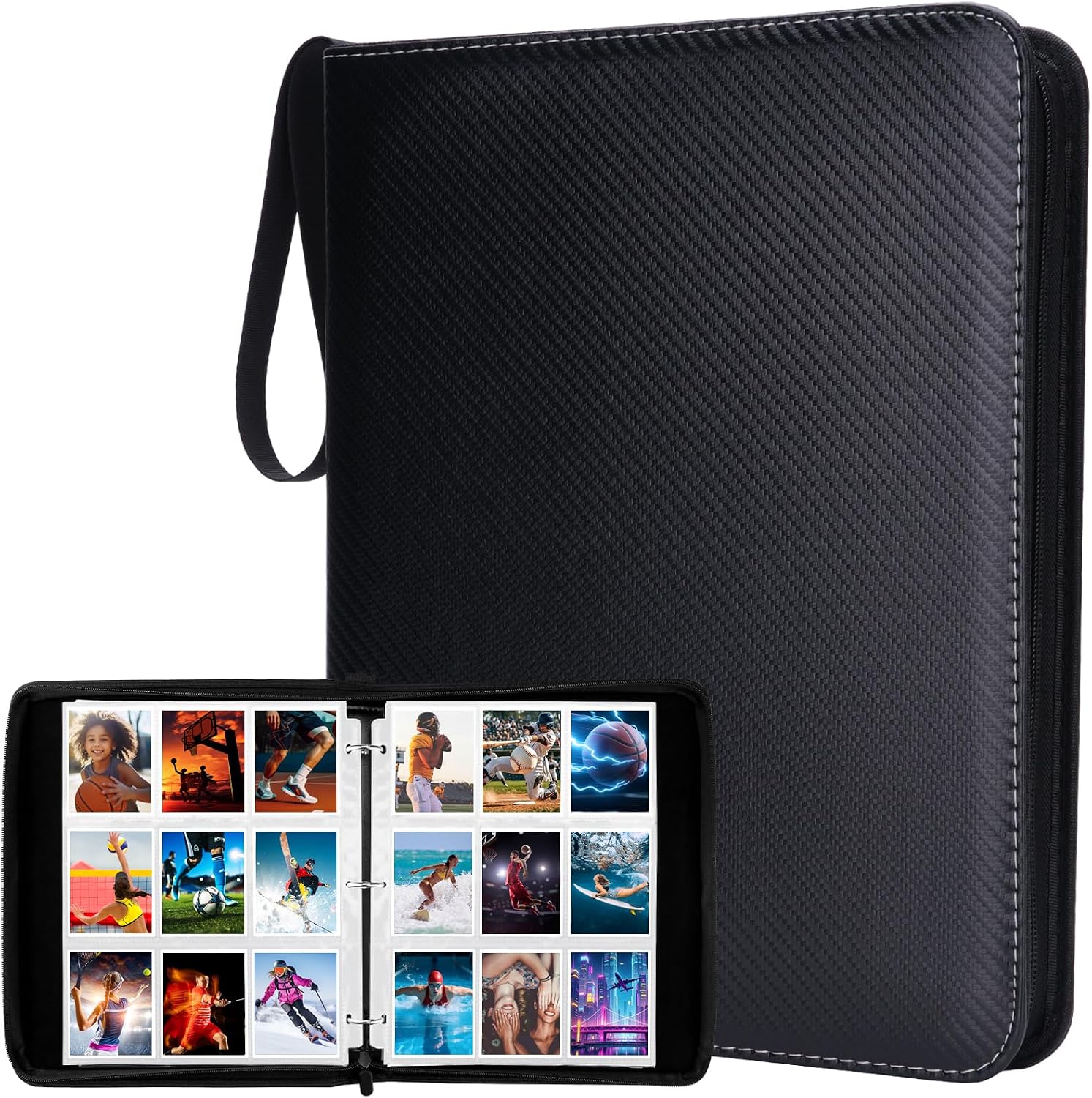 Trading Card Binder 9 Pocket with 50 Removable Sleeves, Waterproof Card Holder Album Fits Up to 900 Cards, PU Leather Card Collection Folder with Zipper for Kids Boys Girls Gifts