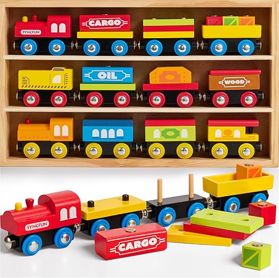 Montessori Wooden Train Toy Set for Kids, 12PCS Magnetic Train Cars with Storage Gift Box, STEM Educational Toy for Boys & Girls, Ages 3-8 Years, Easter Birthday Party Gift